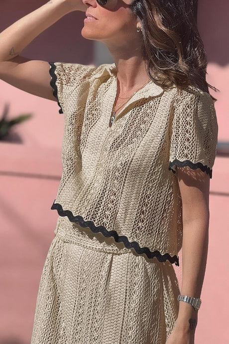 Arolora Lapel Lacework Hollow Out Shirt Skirt Set