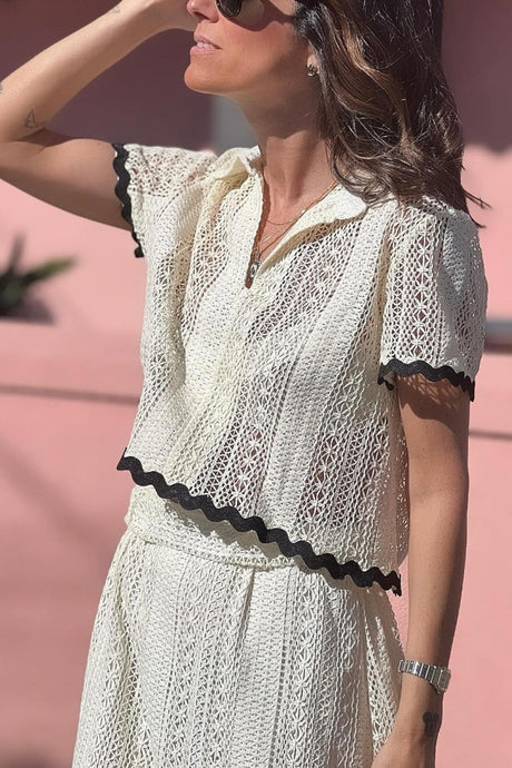 Arolora Lapel Lacework Hollow Out Shirt Skirt Set