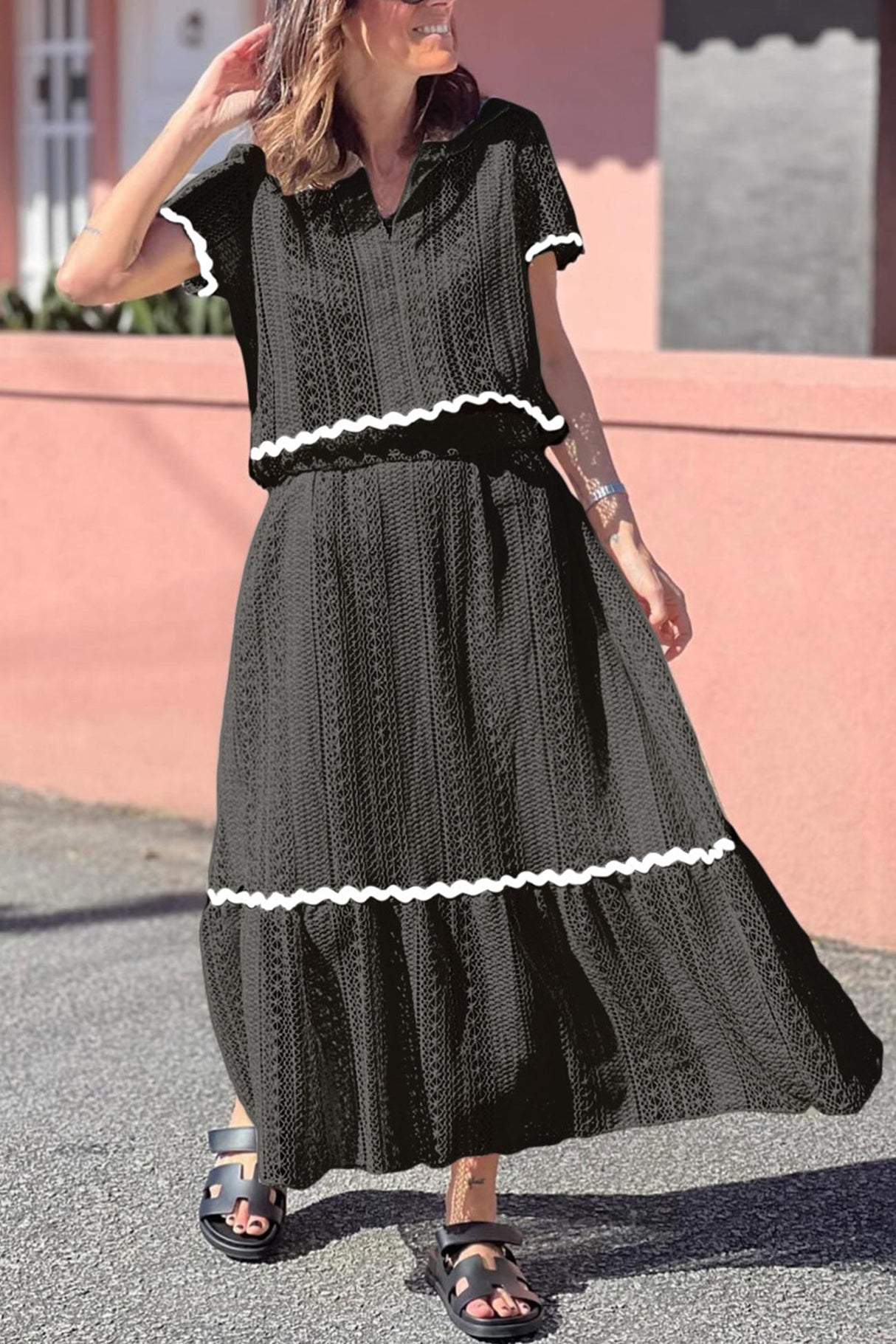 Arolora Lapel Lacework Hollow Out Shirt Skirt Set