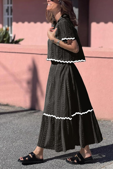 Arolora Lapel Lacework Hollow Out Shirt Skirt Set