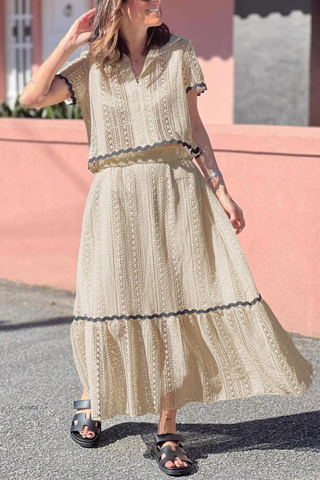 Arolora Lapel Lacework Hollow Out Shirt Skirt Set