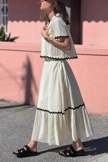 Arolora Lapel Lacework Hollow Out Shirt Skirt Set