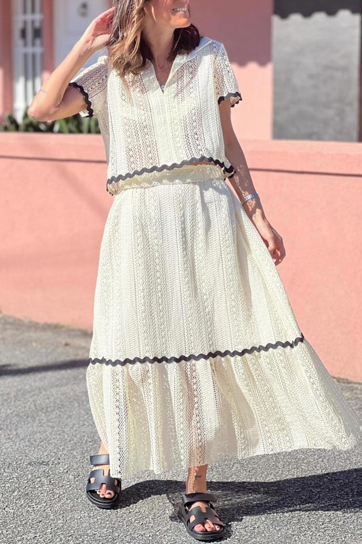 Arolora Lapel Lacework Hollow Out Shirt Skirt Set