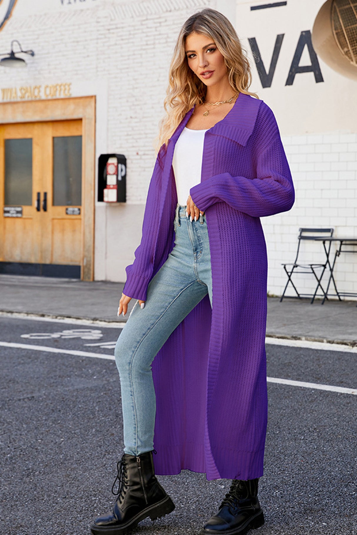 Lapel Ribbed Knit Open Front Cardigan