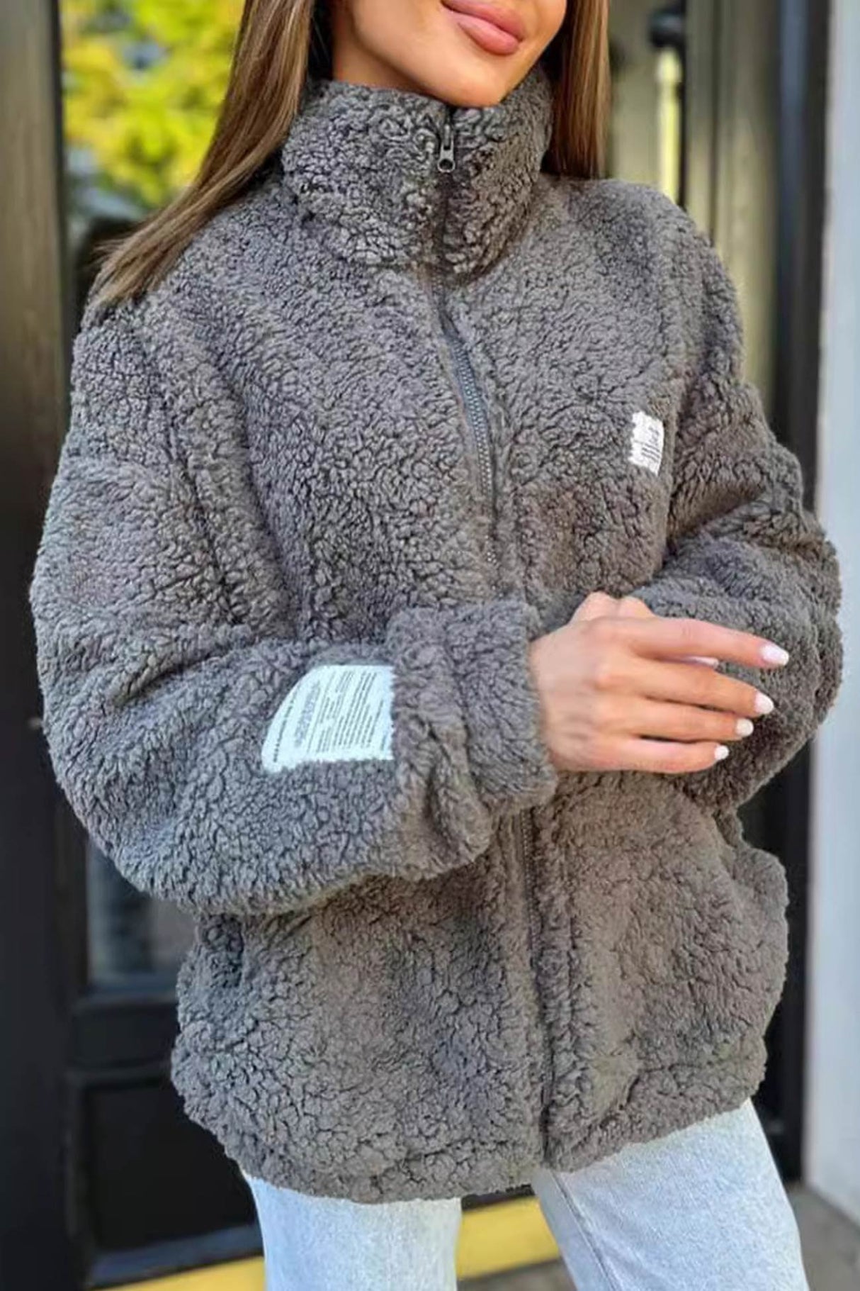 Lapel Zip-up Plush Coat