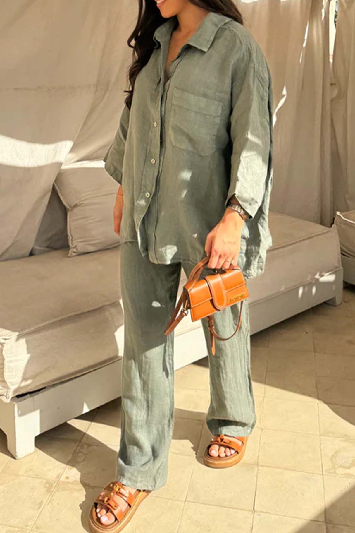 Lapel Button Shirt Long Pant Set