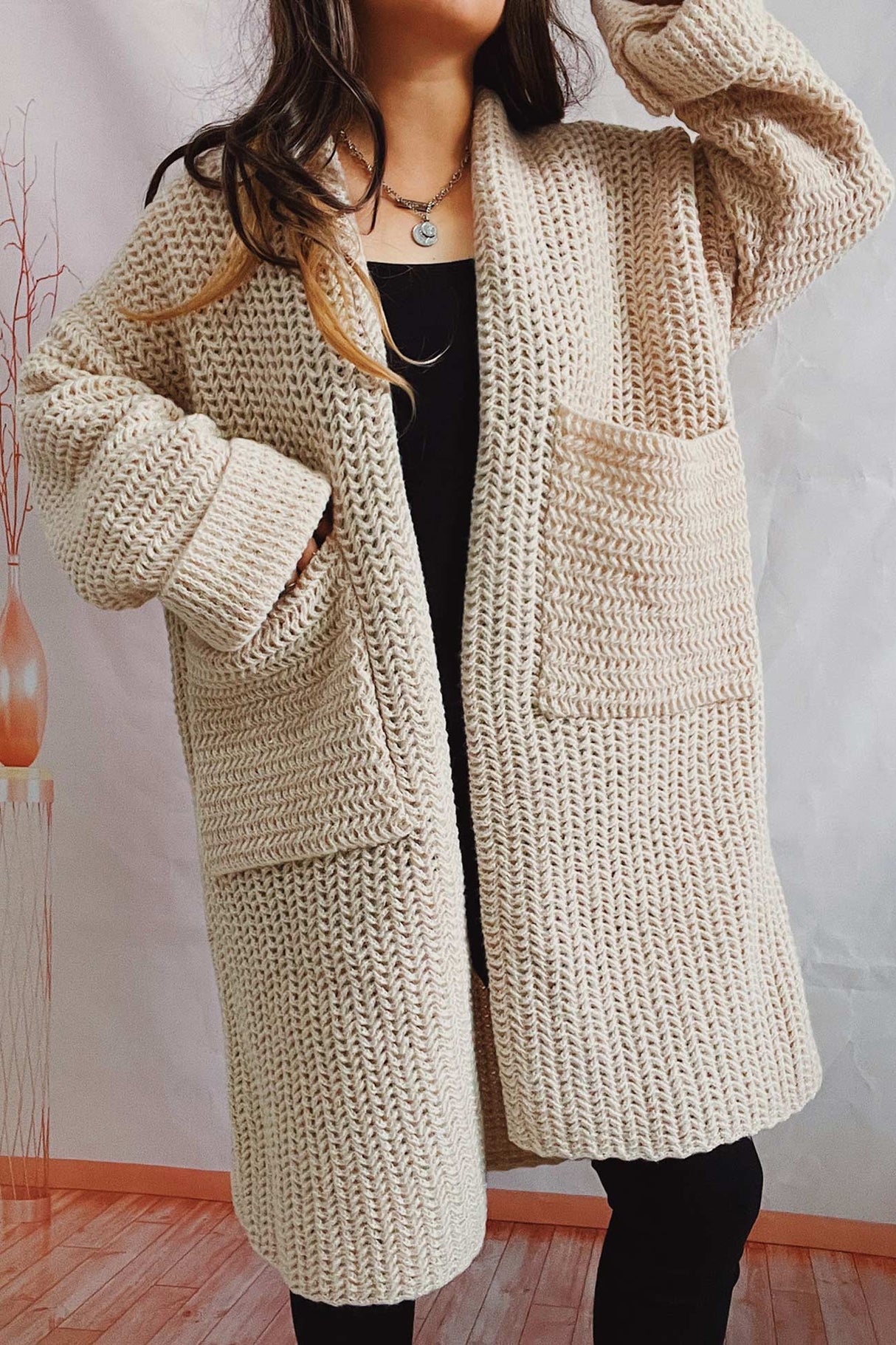 Large Pocket Open Front Cardigan