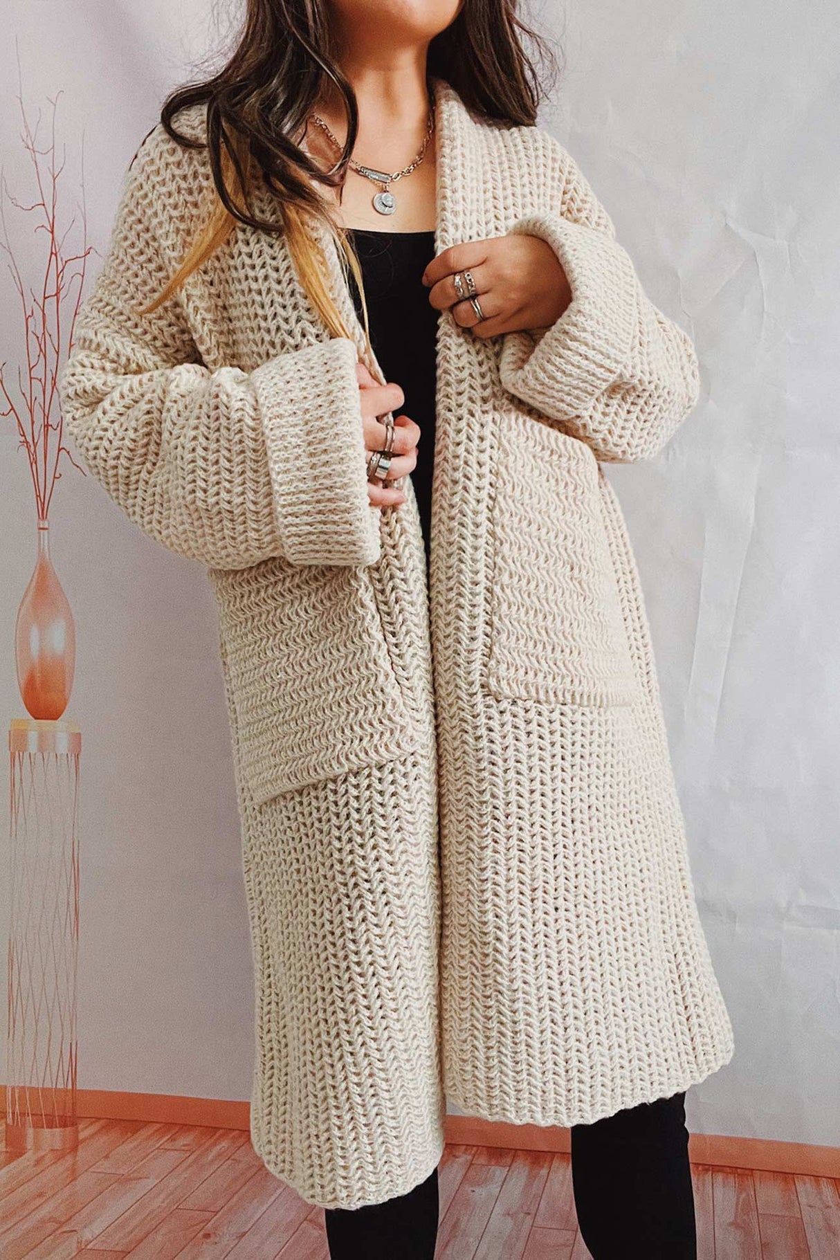 Large Pocket Open Front Cardigan