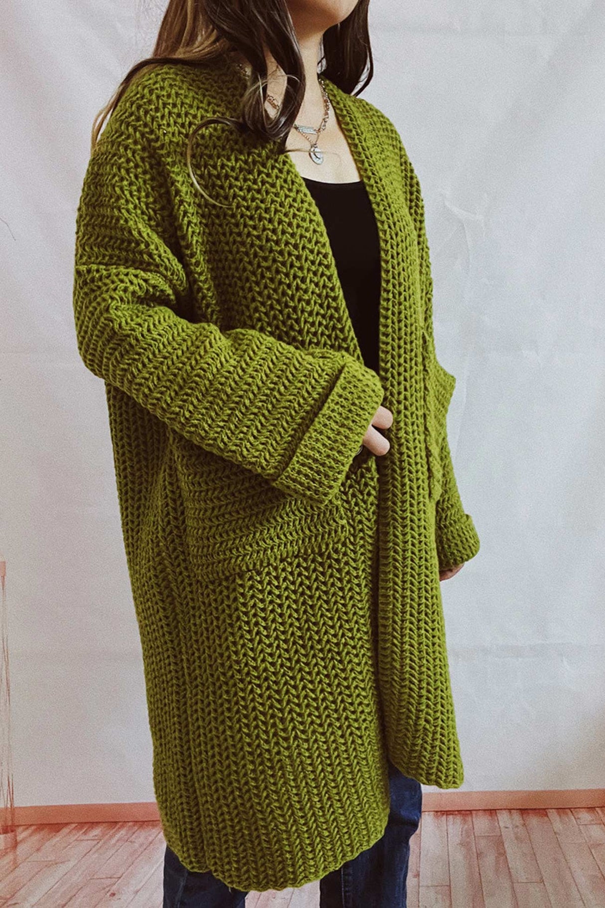 Large Pocket Open Front Cardigan