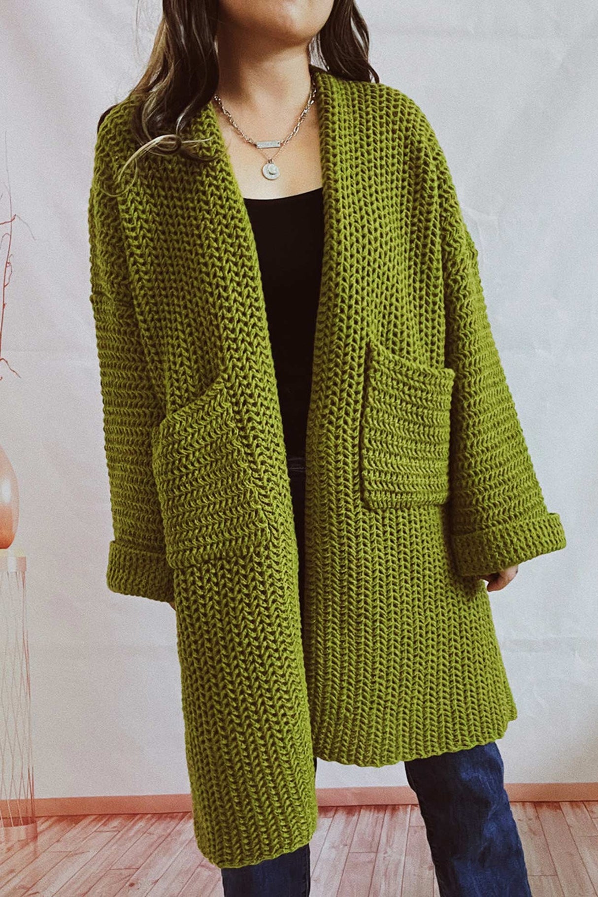 Large Pocket Open Front Cardigan