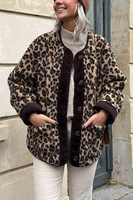 Arolora Leopard Print Button Down Coat