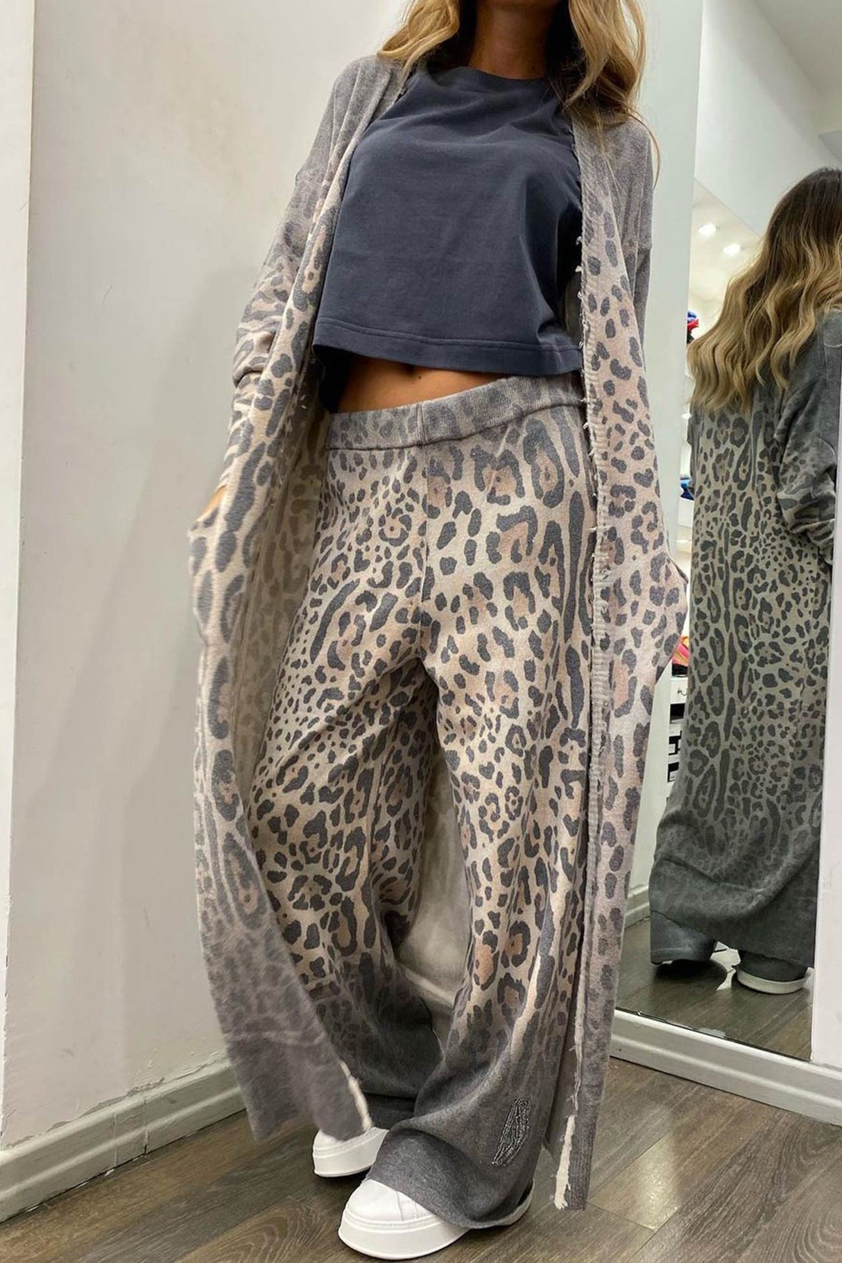 Arolora leopard-print-long-cardigan-two-piece-pants-suits