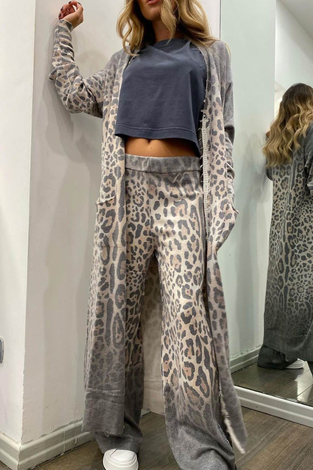 Arolora leopard-print-long-cardigan-two-piece-pants-suits