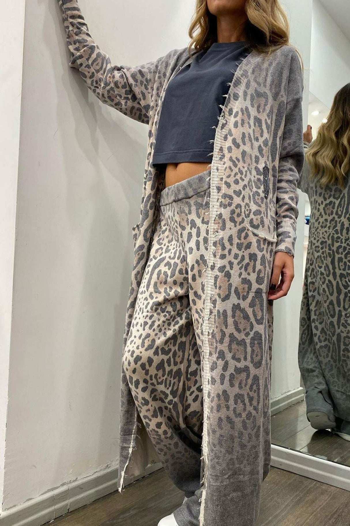 Arolora leopard-print-long-cardigan-two-piece-pants-suits