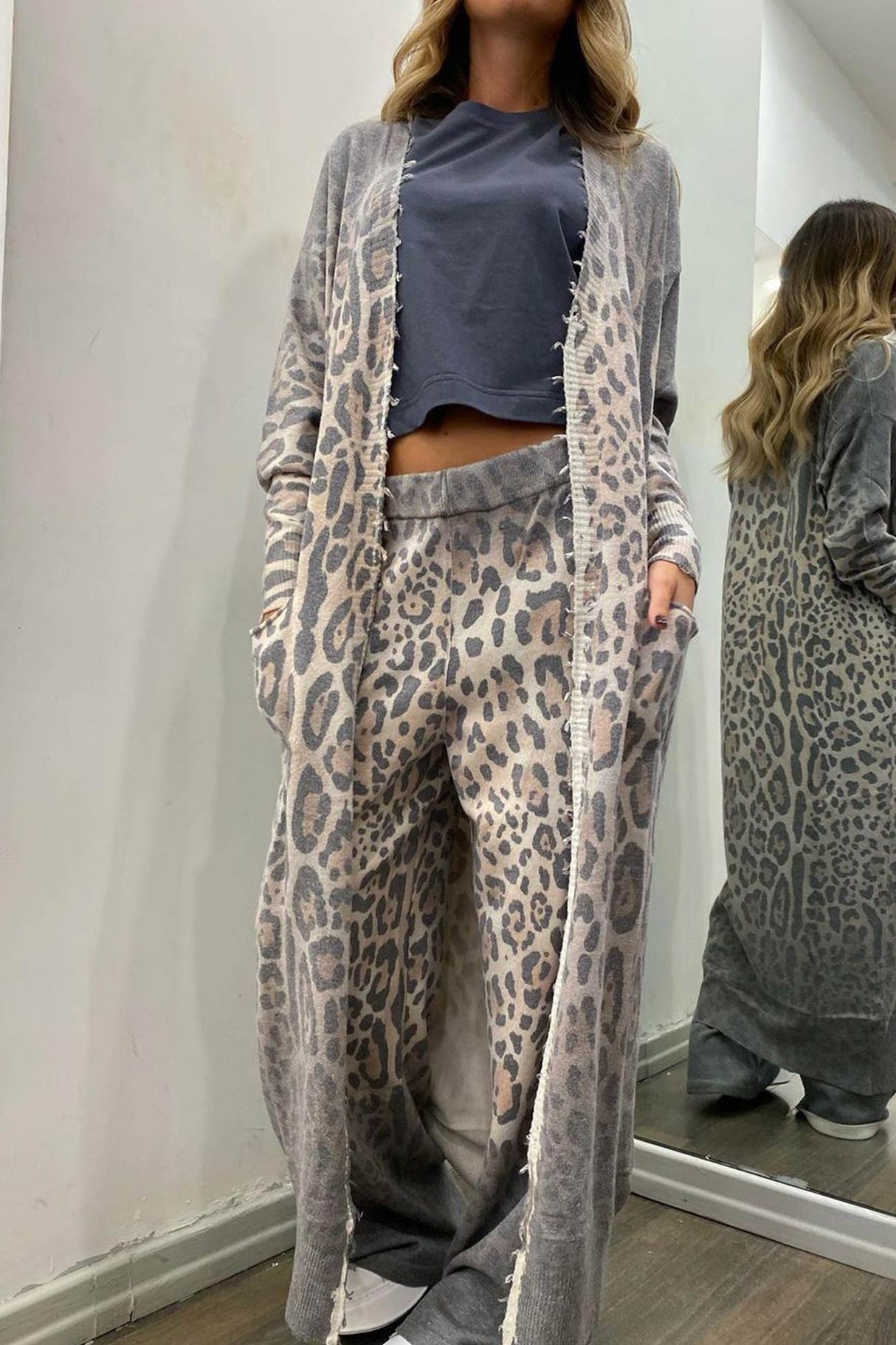 Arolora leopard-print-long-cardigan-two-piece-pants-suits