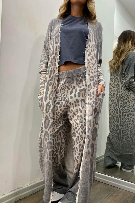 Arolora leopard-print-long-cardigan-two-piece-pants-suits