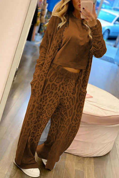 Arolora leopard-print-long-cardigan-two-piece-pants-suits