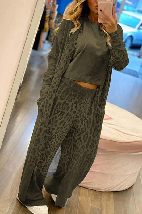 Arolora leopard-print-long-cardigan-two-piece-pants-suits