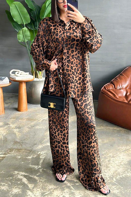 Arolora leopard-print-long-sleeve-blouse-set