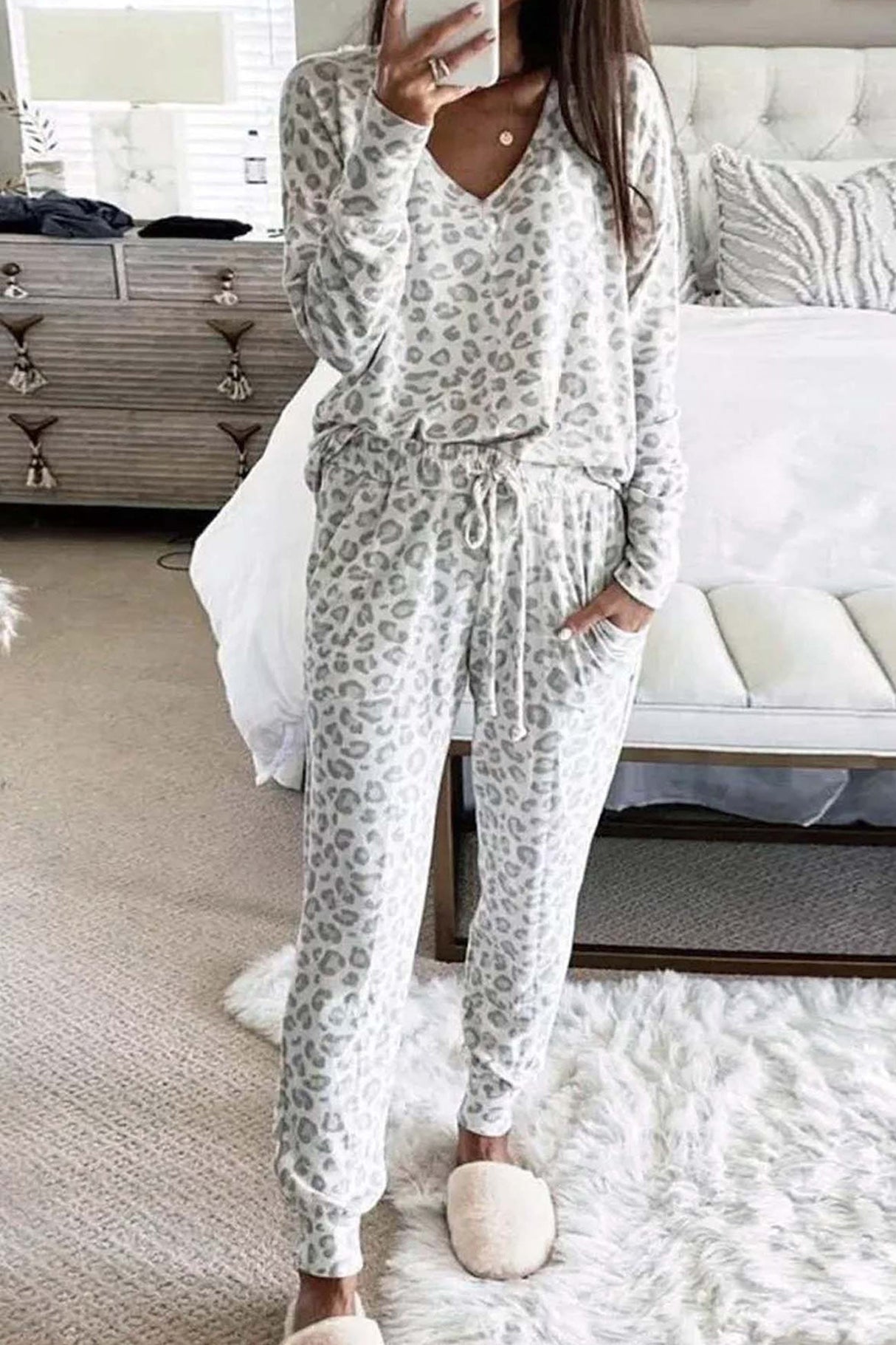 Arolora Leopard Print V Neck Long Sleeve Loungewear