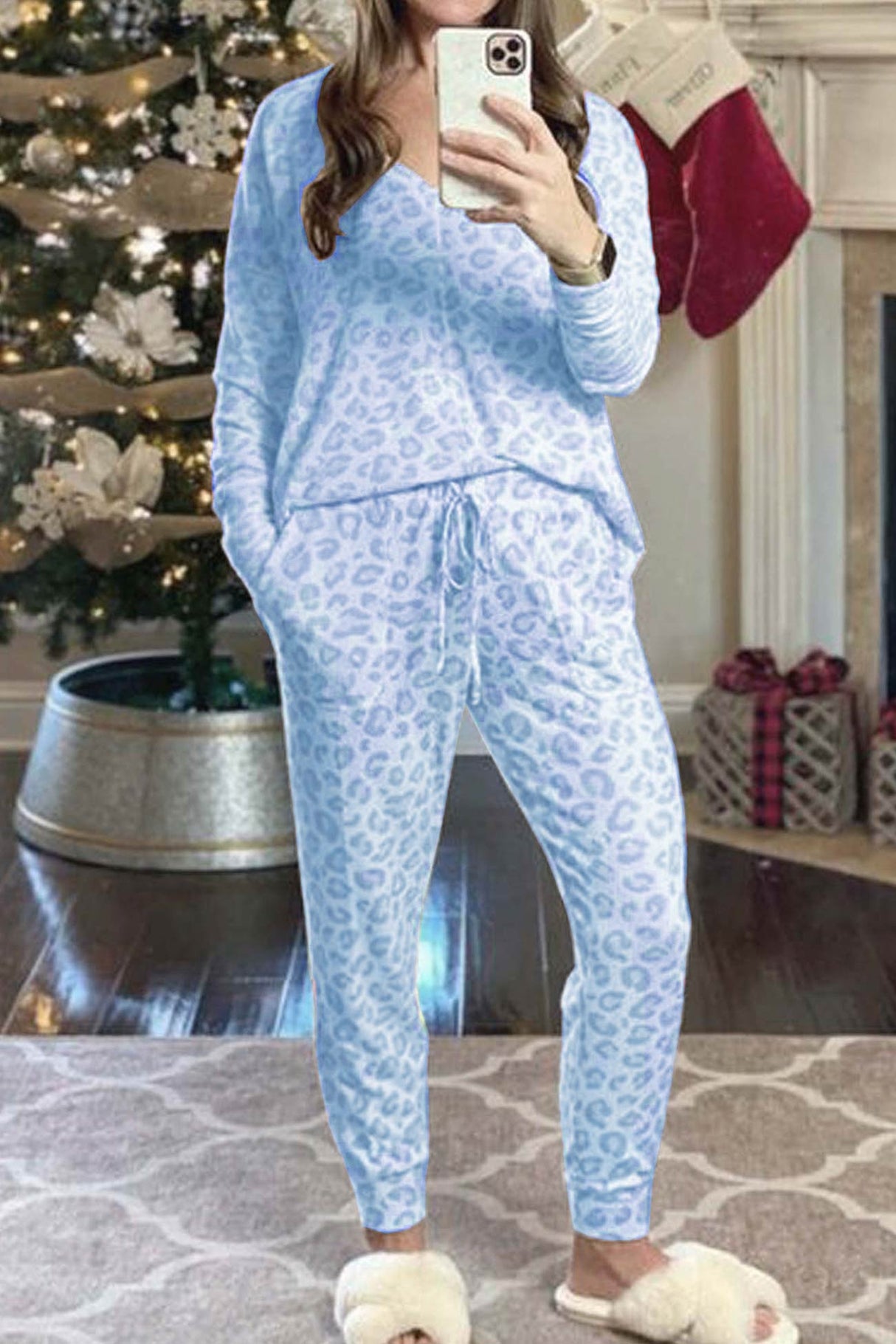 Arolora Leopard Print V Neck Long Sleeve Loungewear