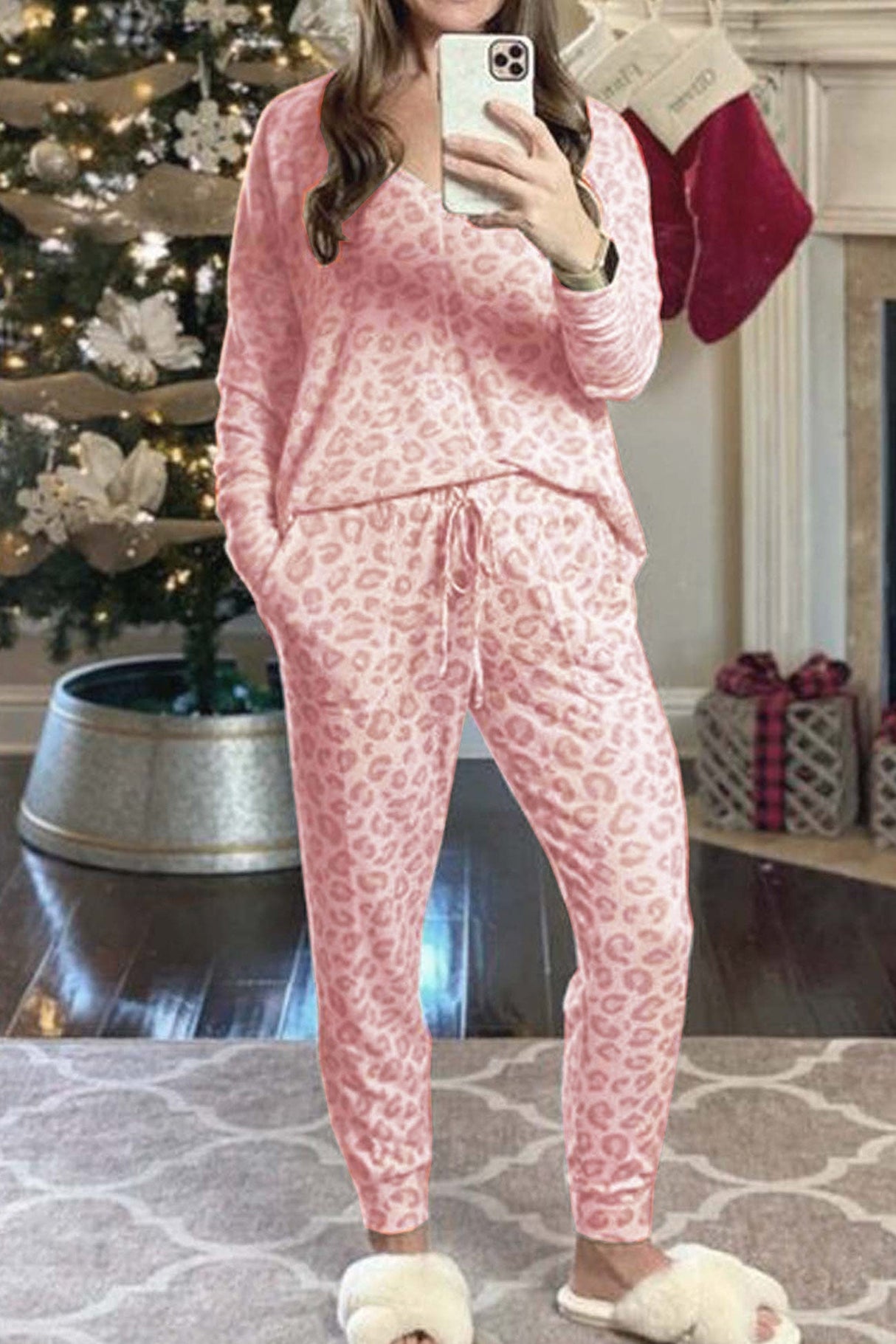 Arolora Leopard Print V Neck Long Sleeve Loungewear