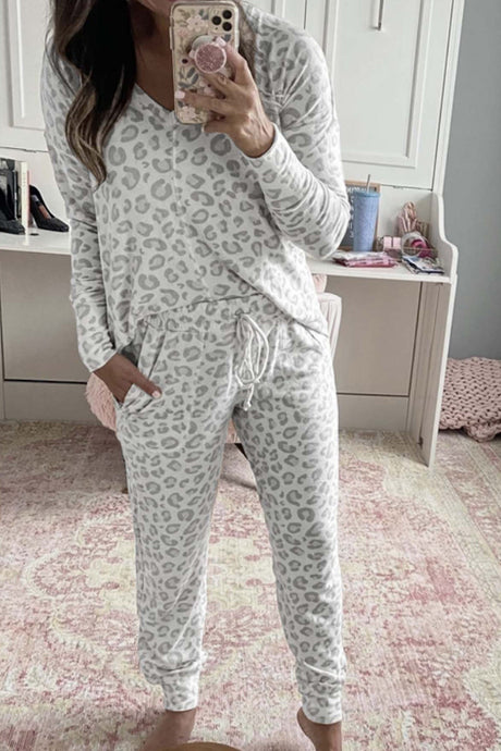 Arolora Leopard Print V Neck Long Sleeve Loungewear