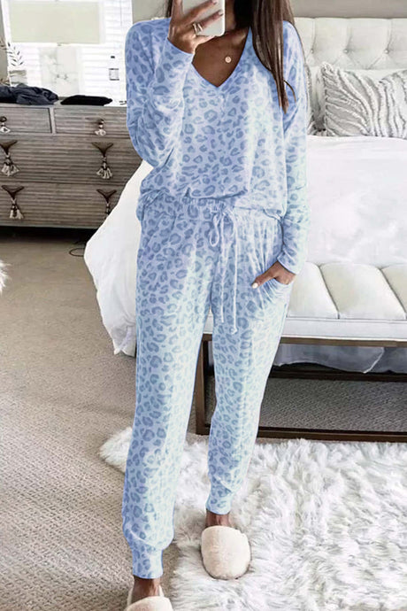 Arolora Leopard Print V Neck Long Sleeve Loungewear
