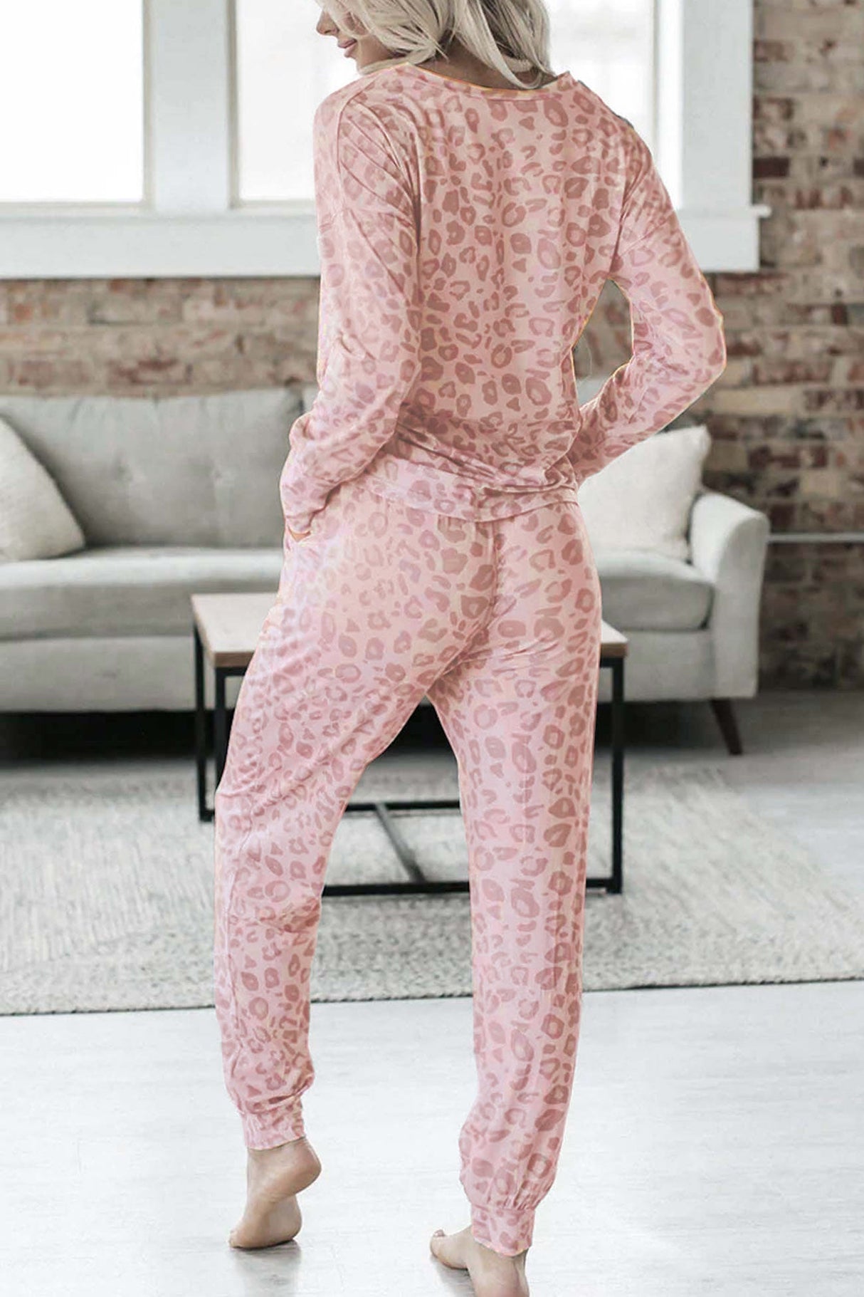 Arolora Leopard Print V Neck Long Sleeve Loungewear