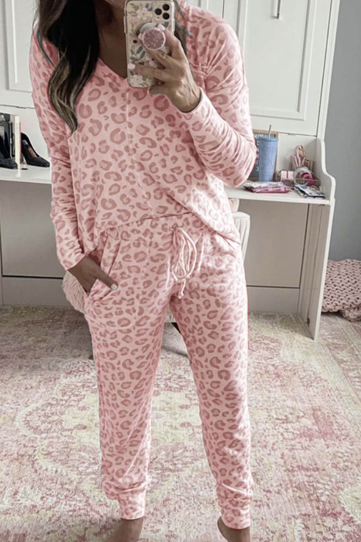 Arolora Leopard Print V Neck Long Sleeve Loungewear