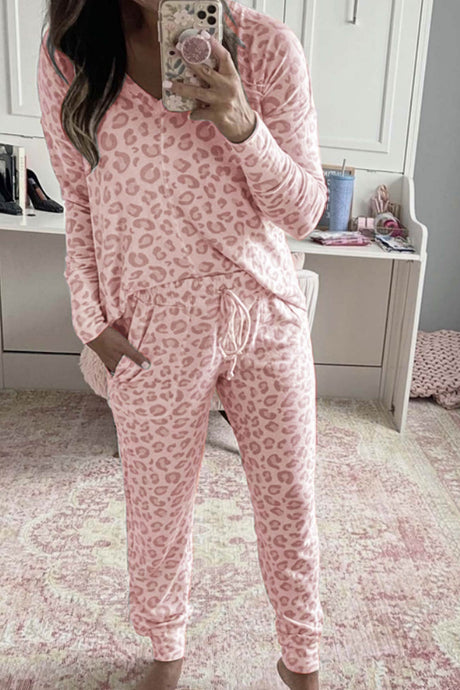 Arolora Leopard Print V Neck Long Sleeve Loungewear