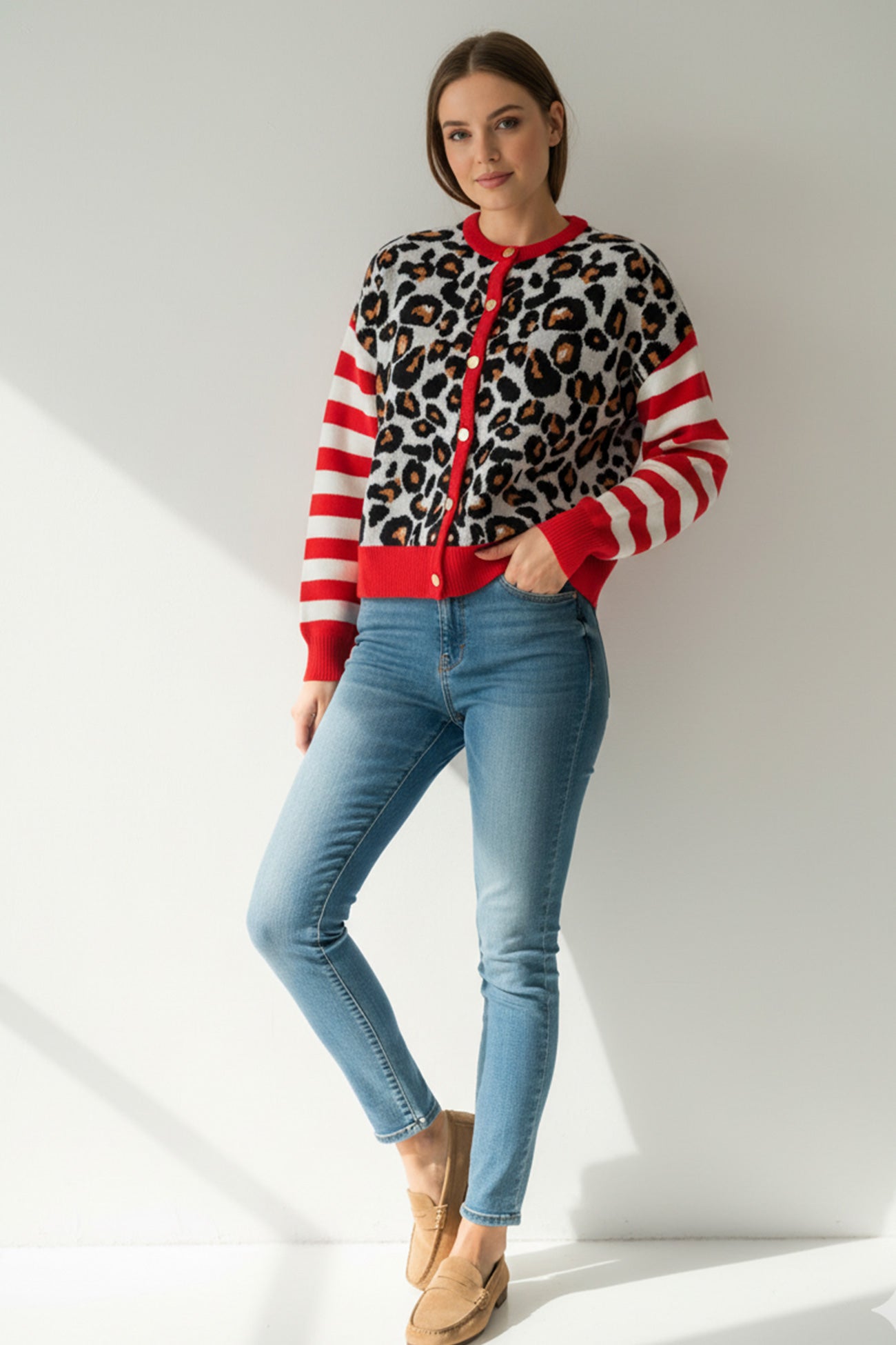 Leopard Striped Sleeve Patchwork Cardigan