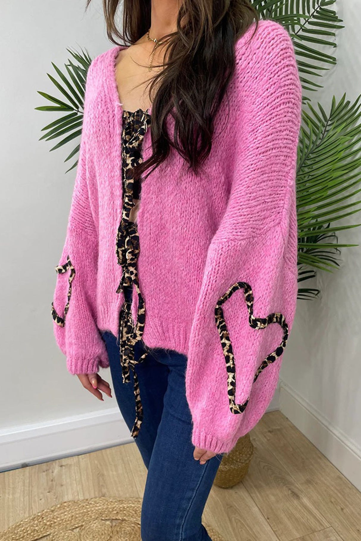 Arolora Leopard Tie-up Knit Cardigan