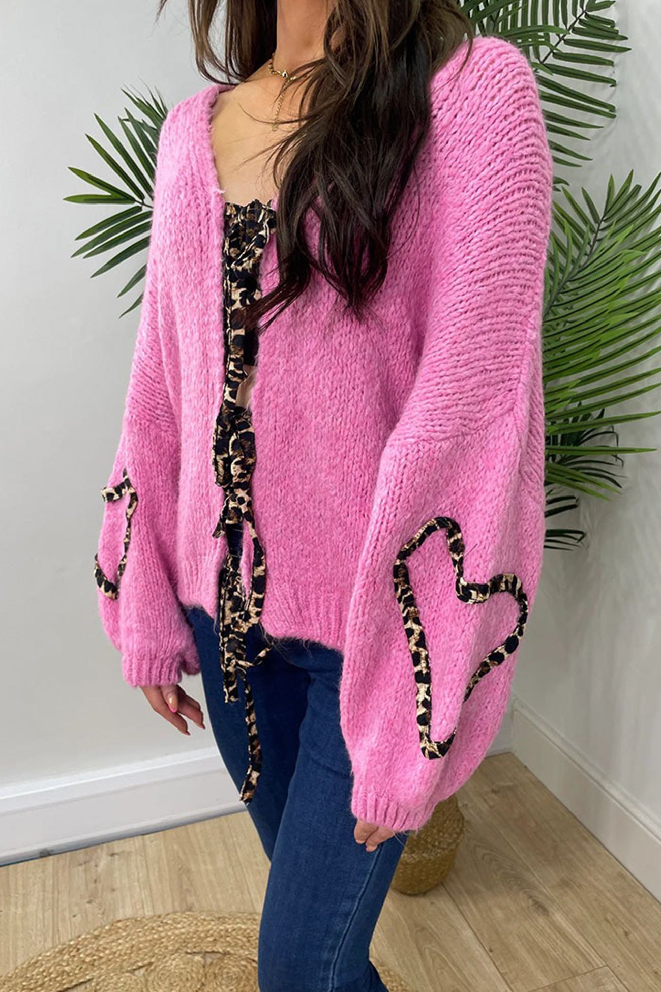 Arolora Leopard Tie-up Knit Cardigan