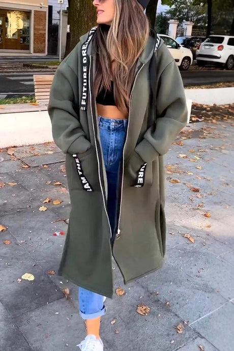 Arolora letter-drawstring-slit-long-hoodie