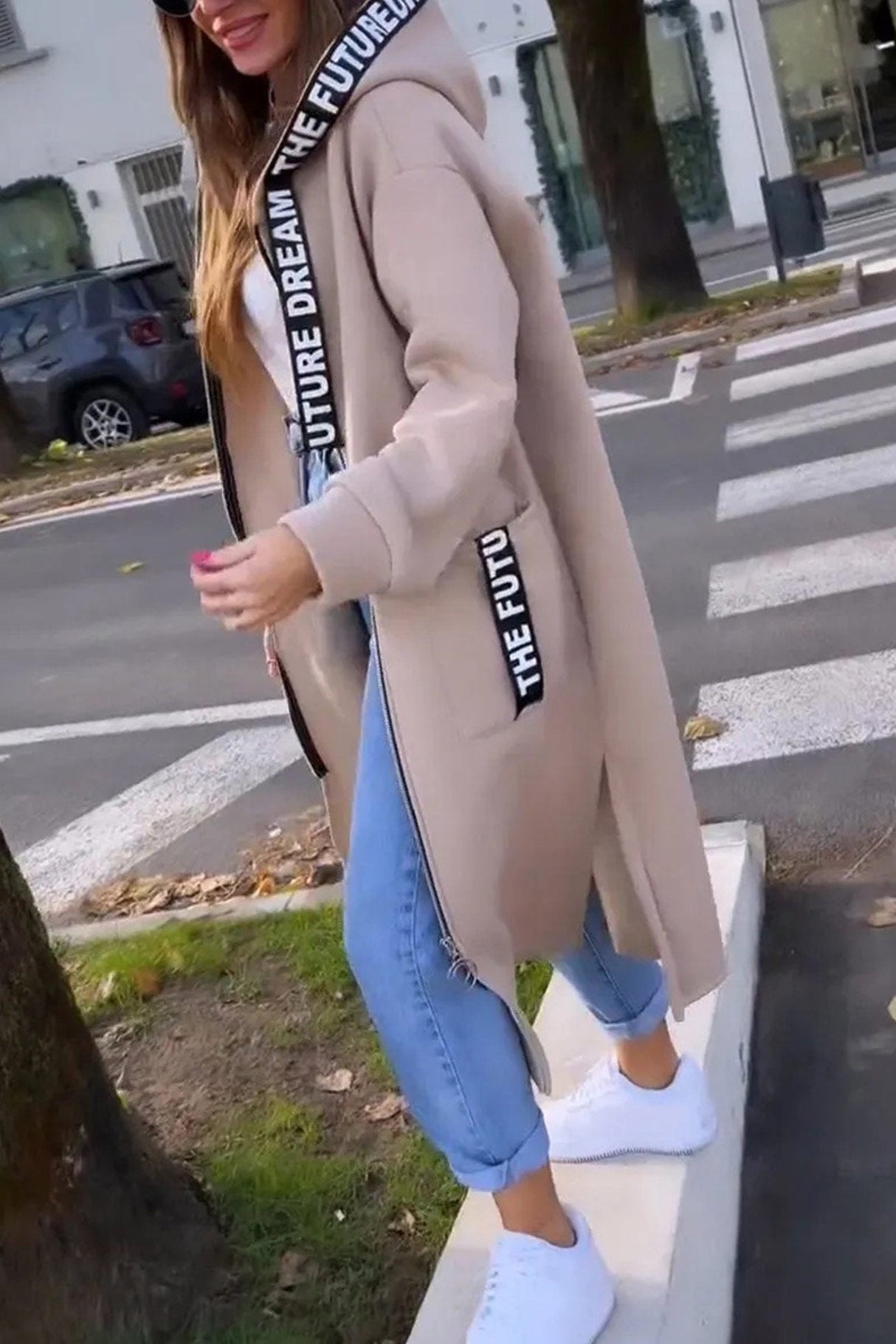 Arolora letter-drawstring-slit-long-hoodie