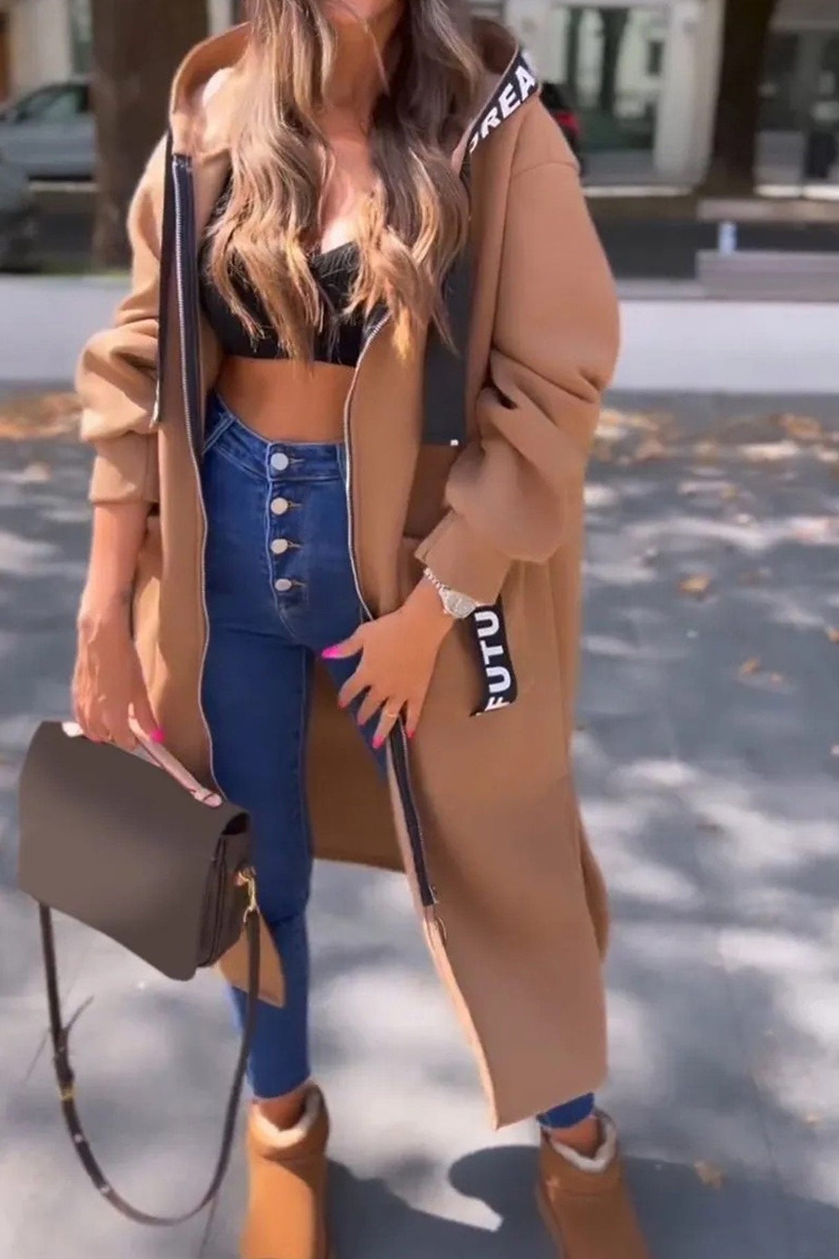 Arolora letter-drawstring-slit-long-hoodie