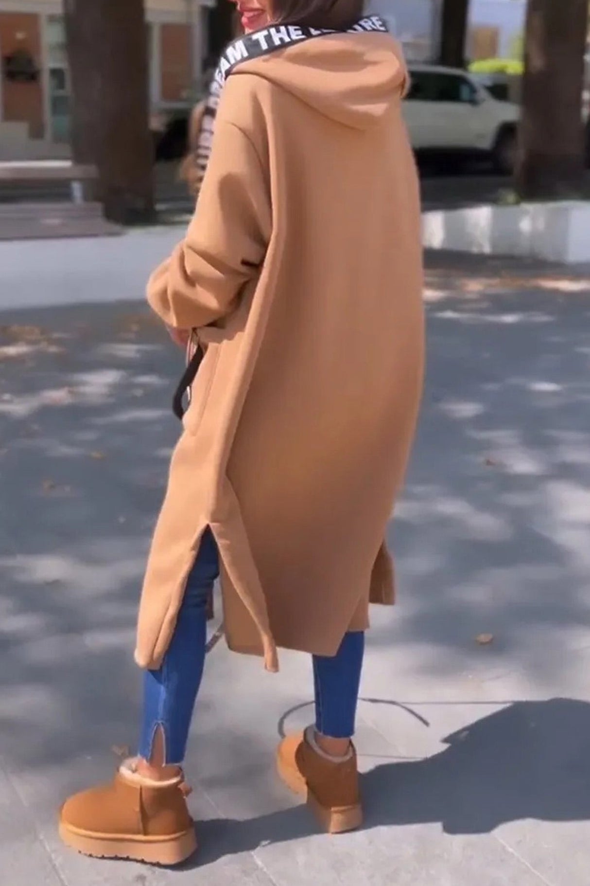 Arolora letter-drawstring-slit-long-hoodie