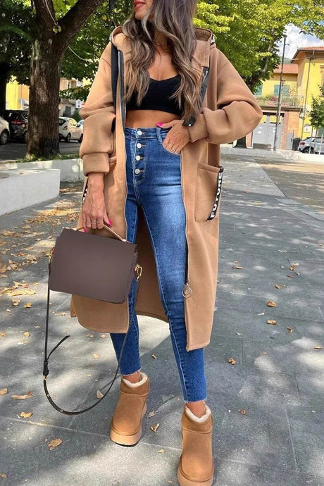 Arolora letter-drawstring-slit-long-hoodie