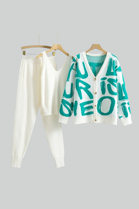 Letter Printed Cardigan Vest Long Pant Three Piece Set