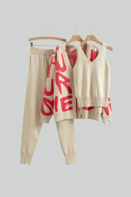 Letter Printed Cardigan Vest Long Pant Three Piece Set