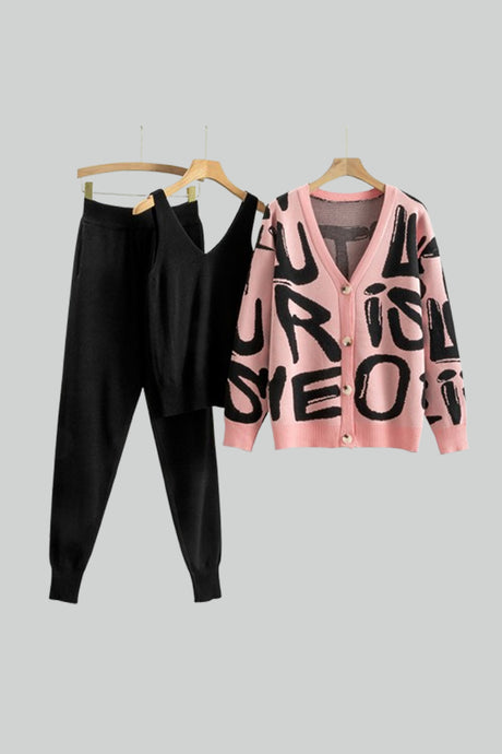 Letter Printed Cardigan Vest Long Pant Three Piece Set