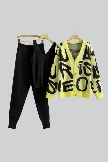 Letter Printed Cardigan Vest Long Pant Three Piece Set