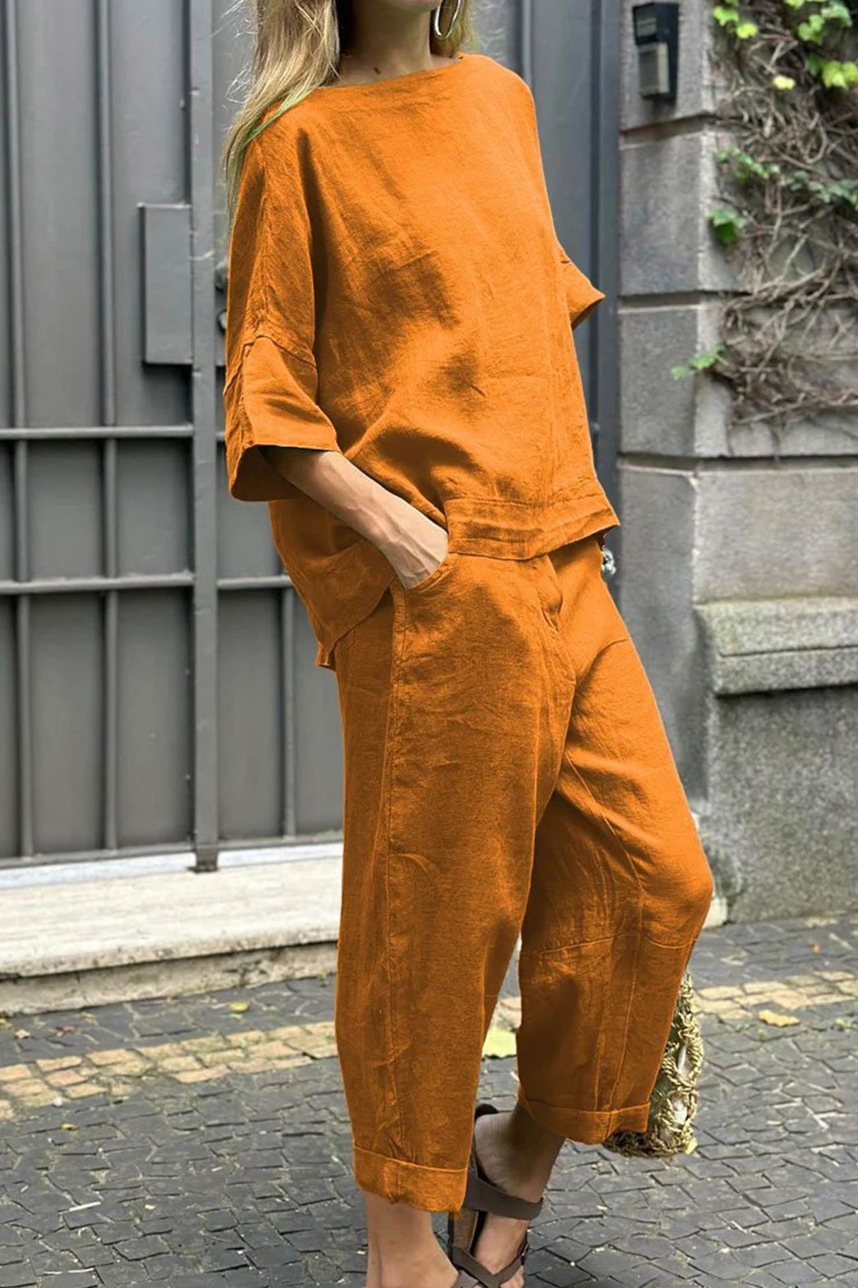 Linen Crew Neck T-shirt Two-piece Set