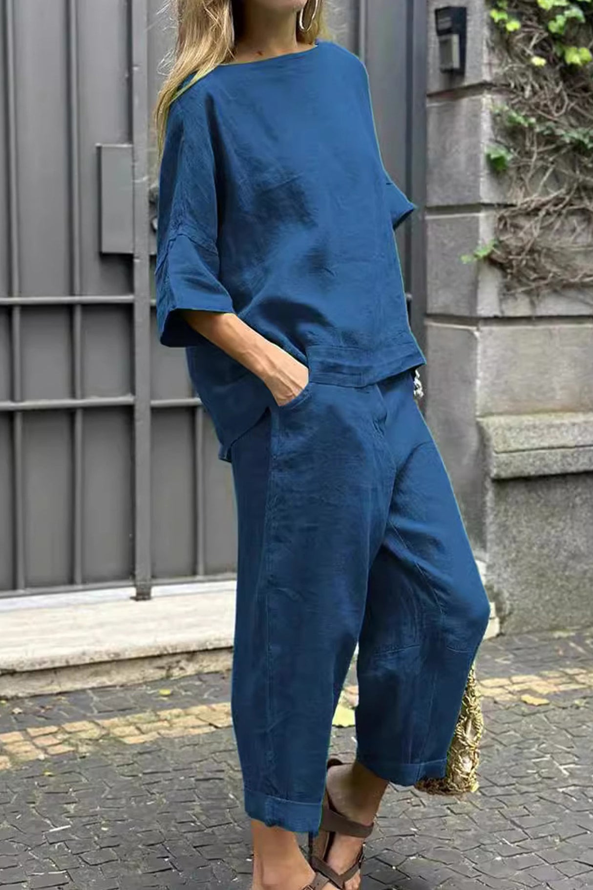 Linen Crew Neck T-shirt Two-piece Set
