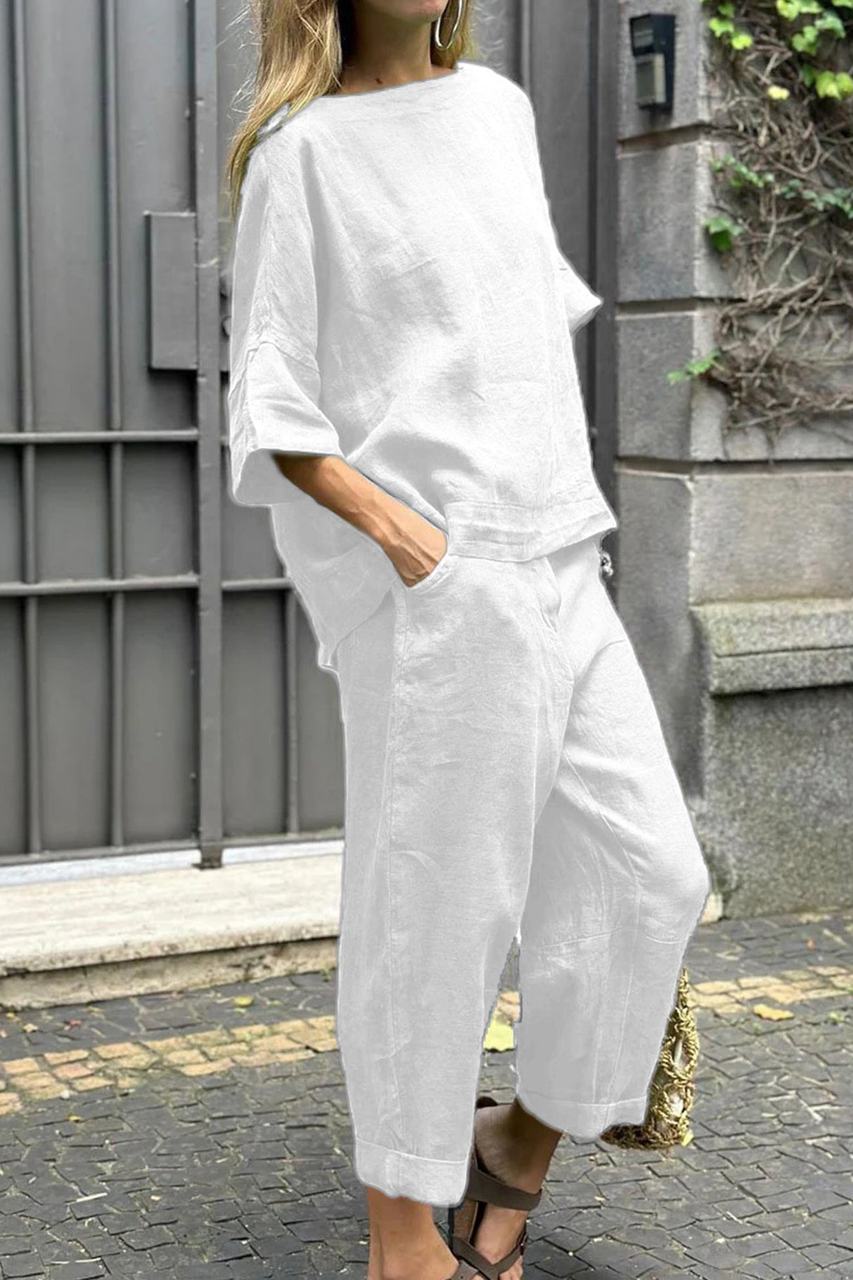 Linen Crew Neck T-shirt Two-piece Set