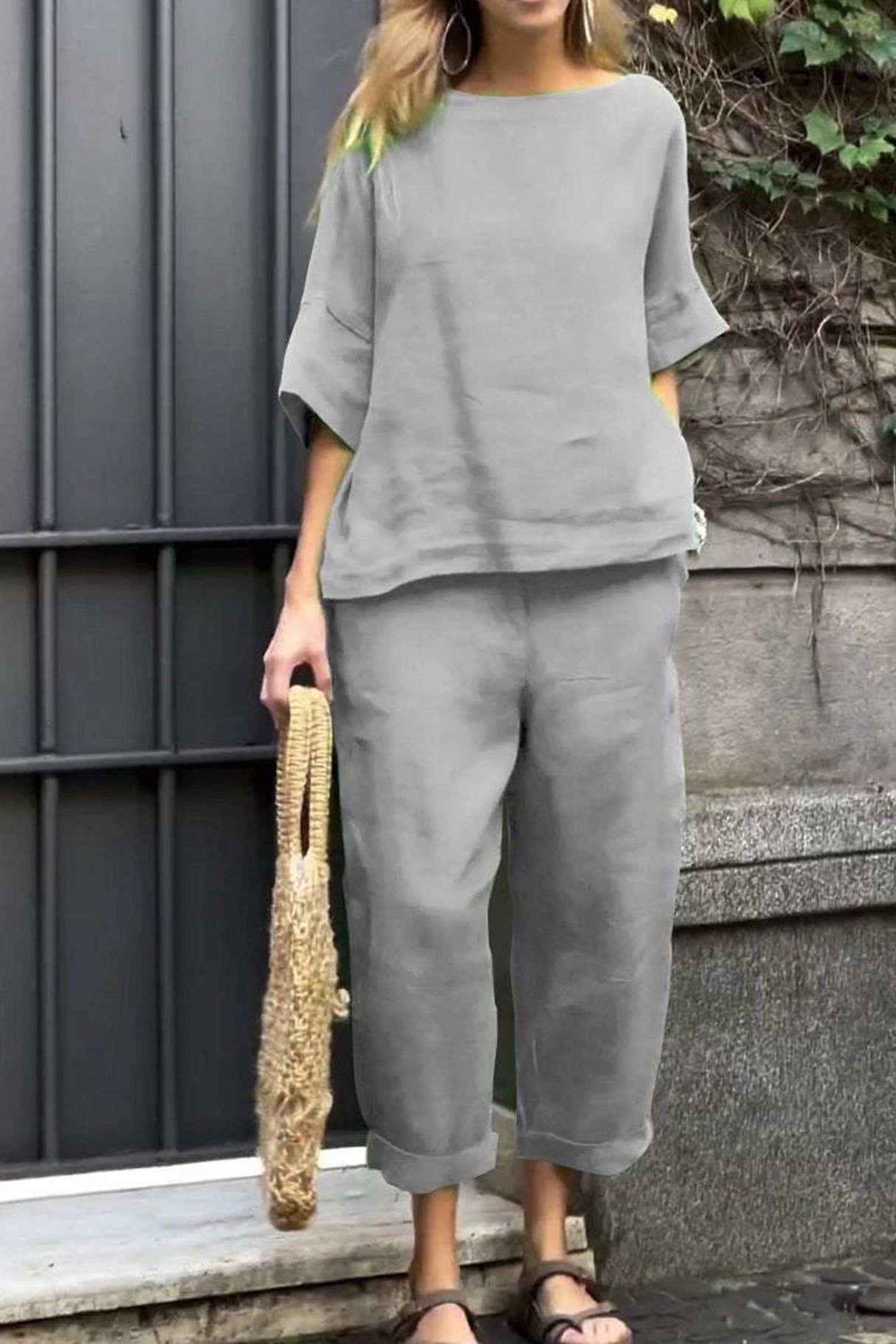Linen Crew Neck T-shirt Two-piece Set