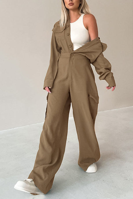 Arolora Long Sleeve Single-breasted Cargo Jumpsuits