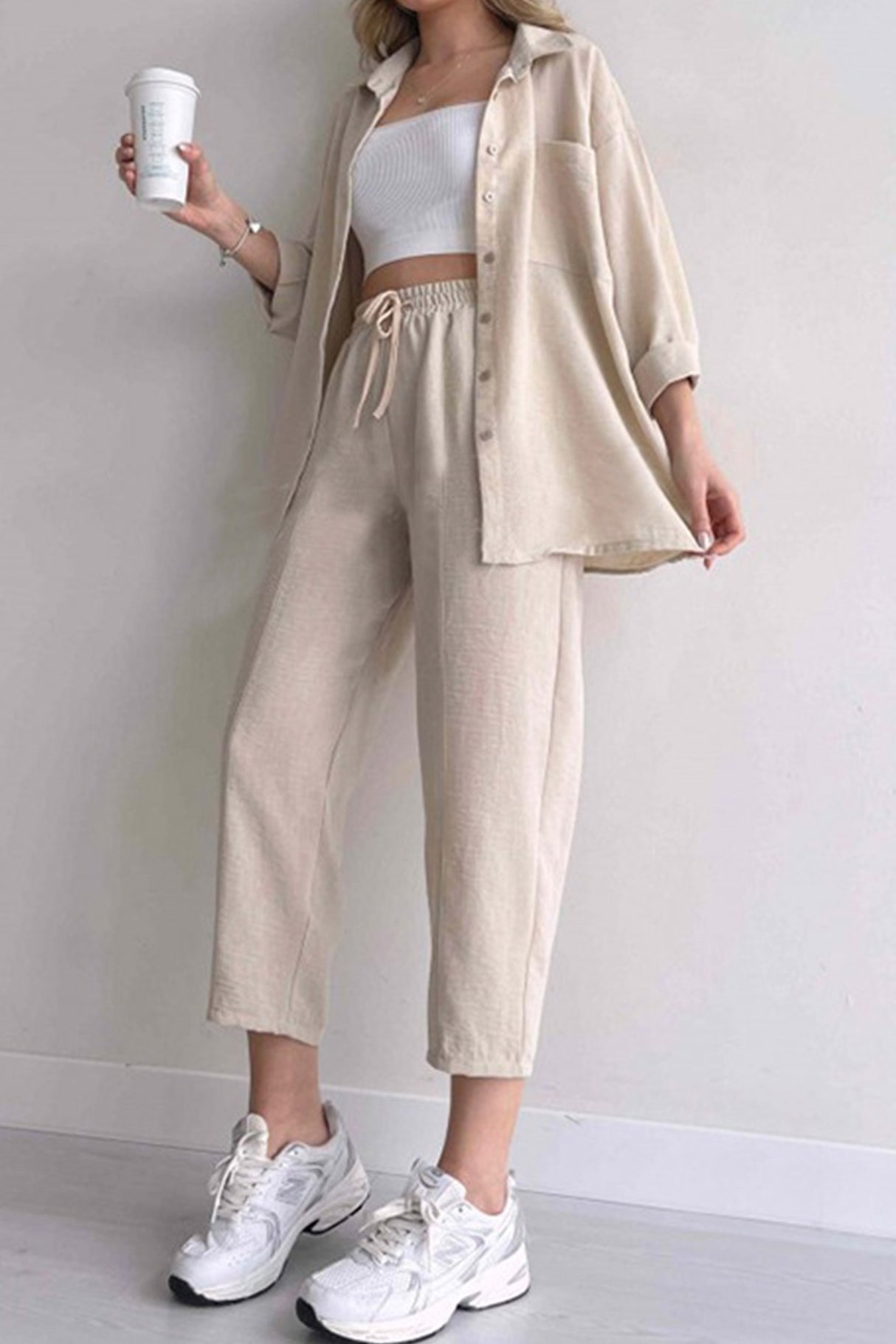 Long Sleeve Solid Color Shirt Long Pants Set