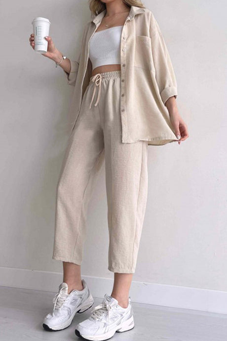 Long Sleeve Solid Color Shirt Long Pants Set